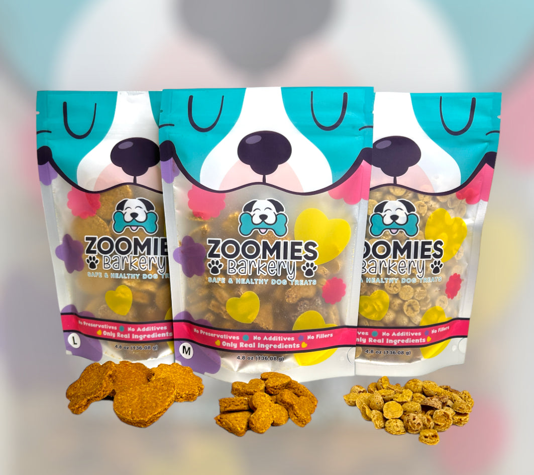 Zoomies Barkery dog treats: available in small, medium, and large sizes. Perfect for every pup's preference. Order now for wholesome goodness!